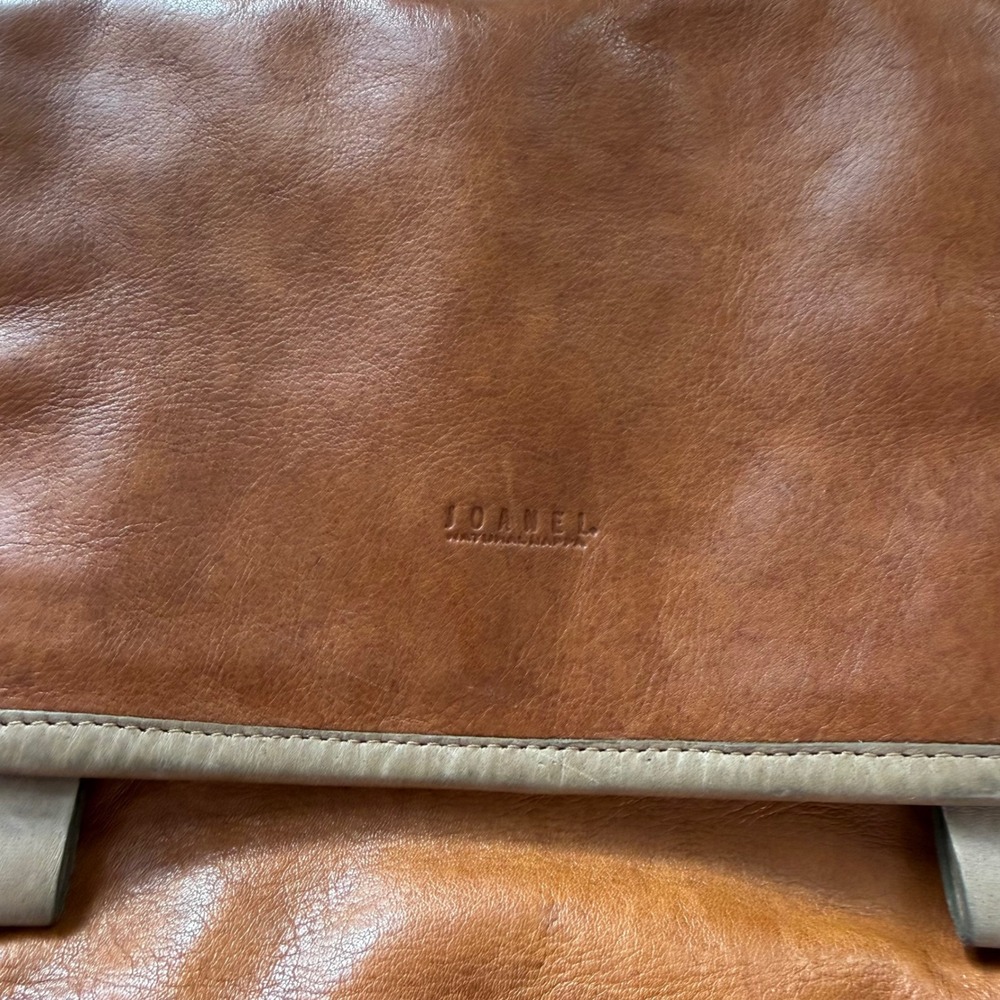 Joanel Leather Crossbody Messenger Bag Cognac Brown Striped Lining - Picture 2 of 7